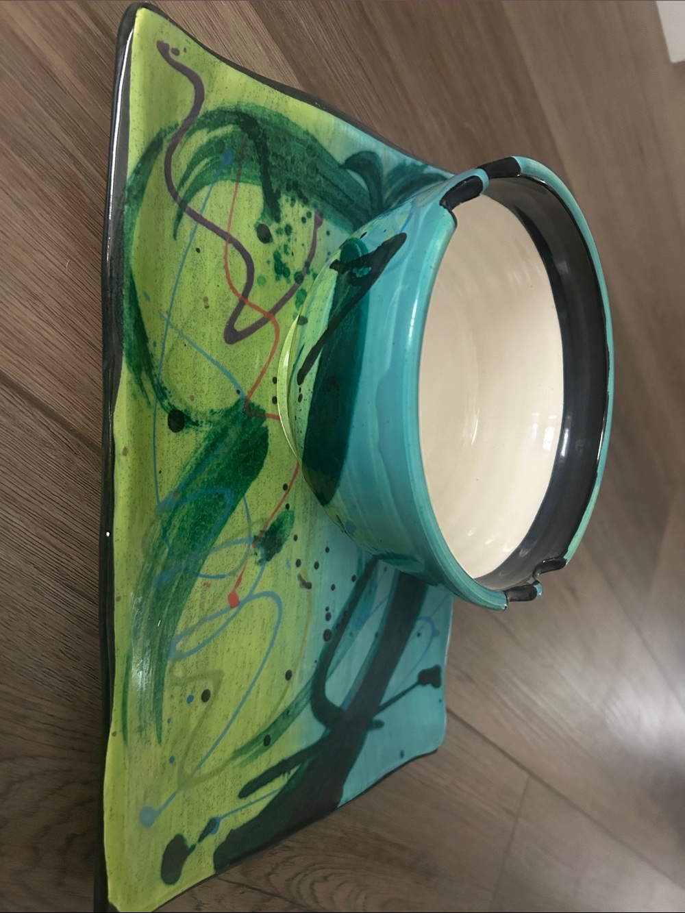 Vintage Robyn Giarla Hand Painted Abstract Ceramic Tray + Bowl Set
